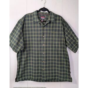 Fubu Mens Button Up Shirt 2XL Short Sleeve Green Check Plaid Pocket Embroidered